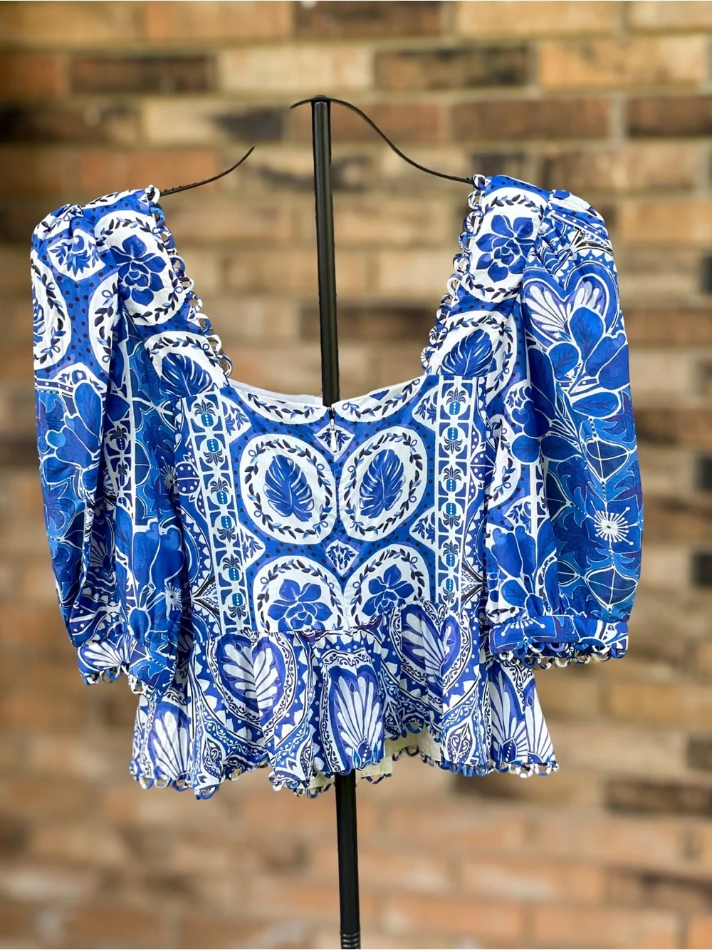 Farm Rio Tile Dream Short Sleeve Blouse Blue White Large